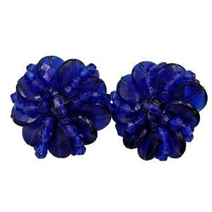 Vintage West Germany Blue Cluster Beaded Clip On Earrings Mid Century Jewelry